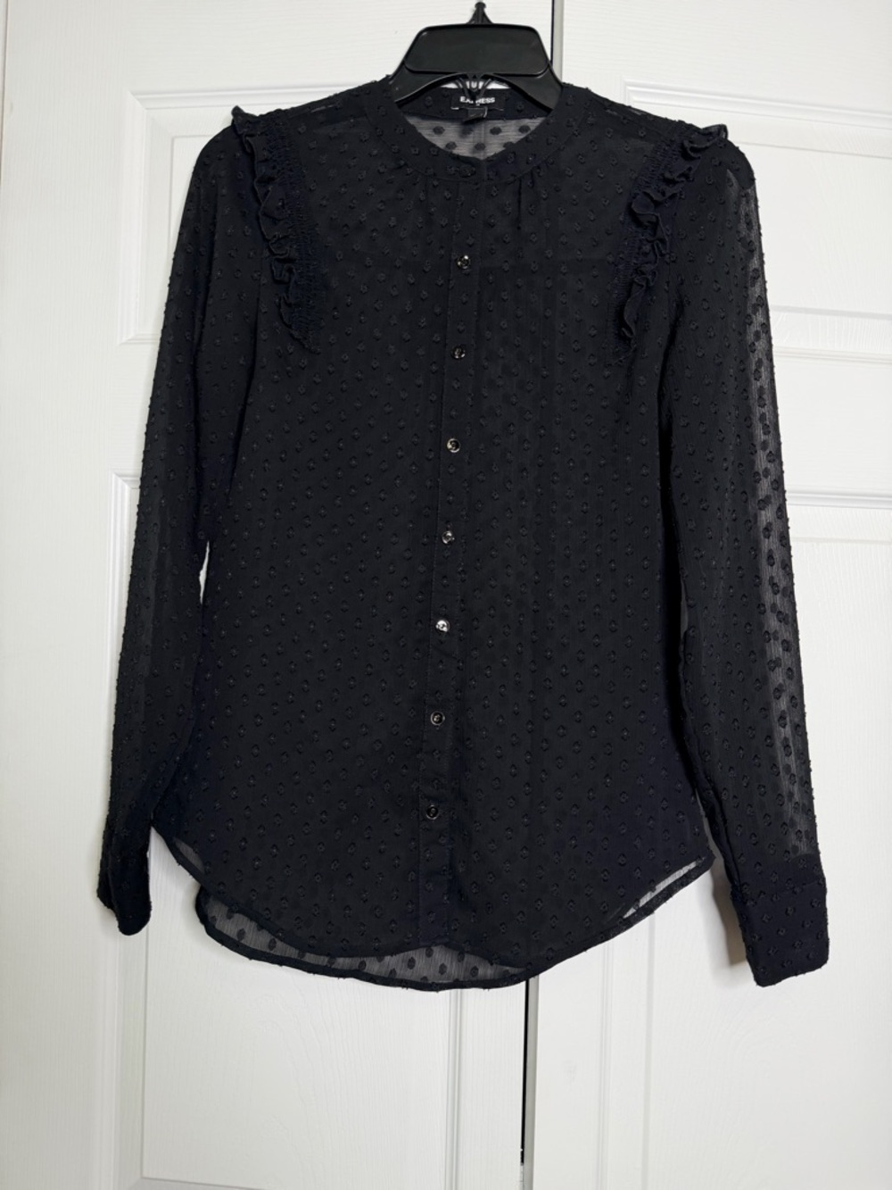 Express Black Swiss Dot Ruffle Button-Down Shirt